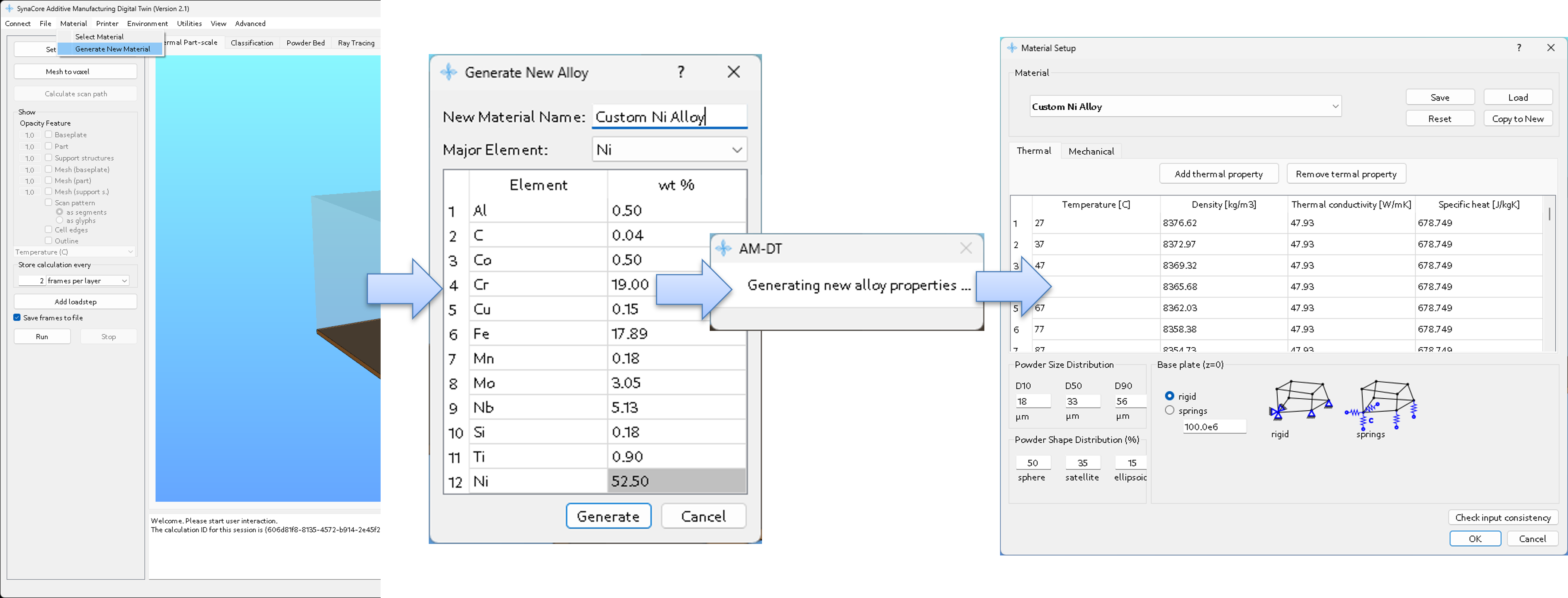 Dealing with proprietary, custom, and new alloys? No problem. Using our machine learning models (AI Alloy module) trained on thousands of Nickel, Titanium, Iron, Steel, high-entropy alloys compositions, thermophysical properties of new alloys are obtained, and their effect on processing can be obtained with AM-DT