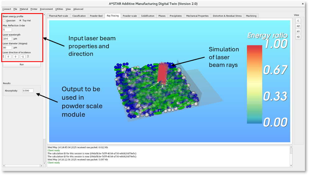 Our powder-bed and ray-tracing modules are fully integrated together, enabling discrete element method (DEM) simulations of powder flowability and packing density, while calculating the actual laser absorptivity at the same time. This is very appealing when evaluating new powder batches, and new laser wavelengths.