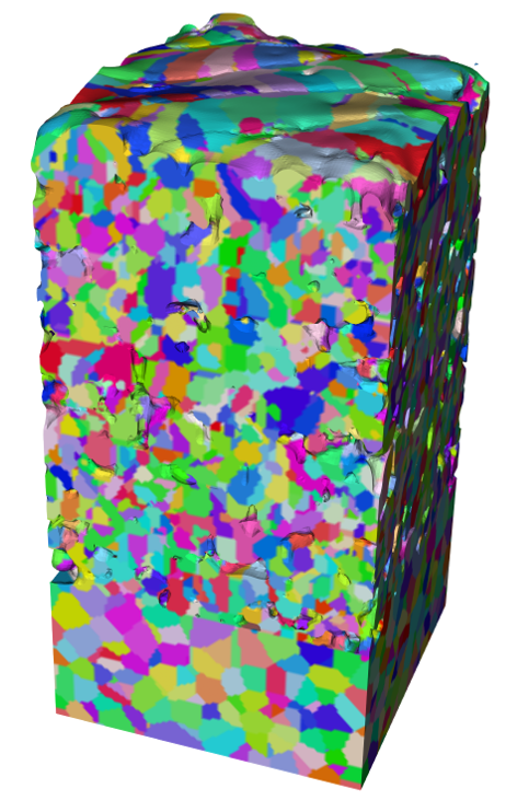 Here we see an example of three-dimensional microstructure generated using our powder-scale model. The model computed scan vector melting and solidification for each track for 20 layers in this case, enabling the user to see the representative microstructure of the component at a specific location.
