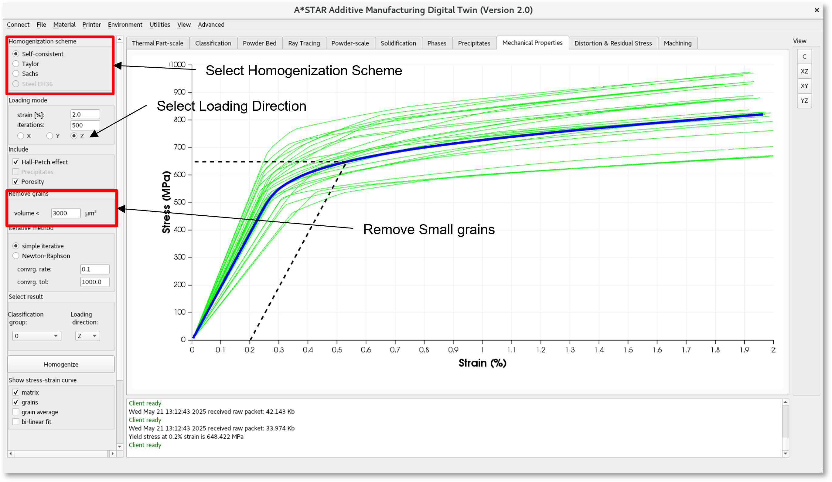 With AM-DT, you can also directly obtain the mechanical properties of your component. In fact, the microstructure you obtain with our powder-scale model becomes the input of a fast, proprietary mechanics model which calculates the stress-strain curve of each grain (in green), and thus of the entire domain (in blue).