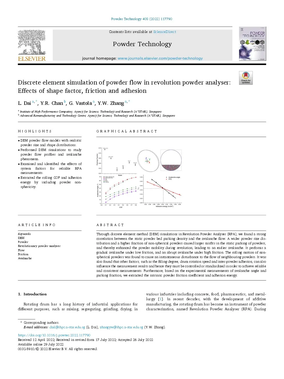 First-page preview of Discrete element simulation of powder flow in revolution powder analyser