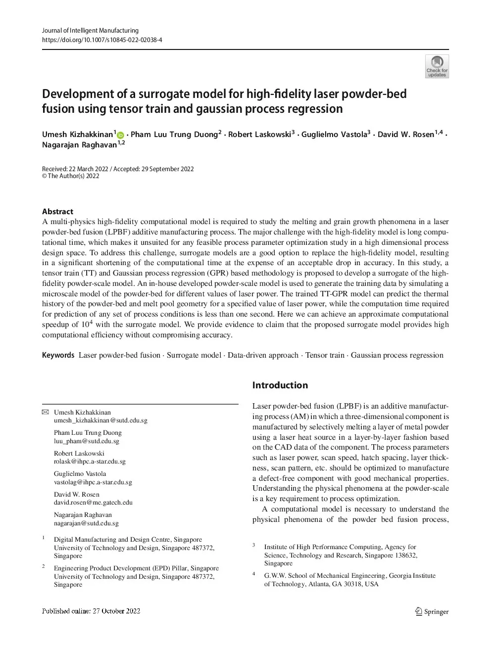 First-page preview of Development of a surrogate model for high-fidelity laser powder-bed fusion using tensor train and Gaussian process regression