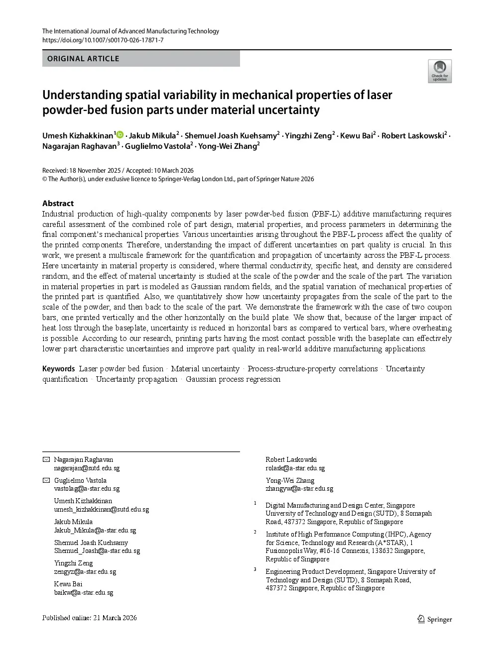 First-page preview of Understanding spatial variability in mechanical properties of laser powder-bed fusion parts under material uncertainty