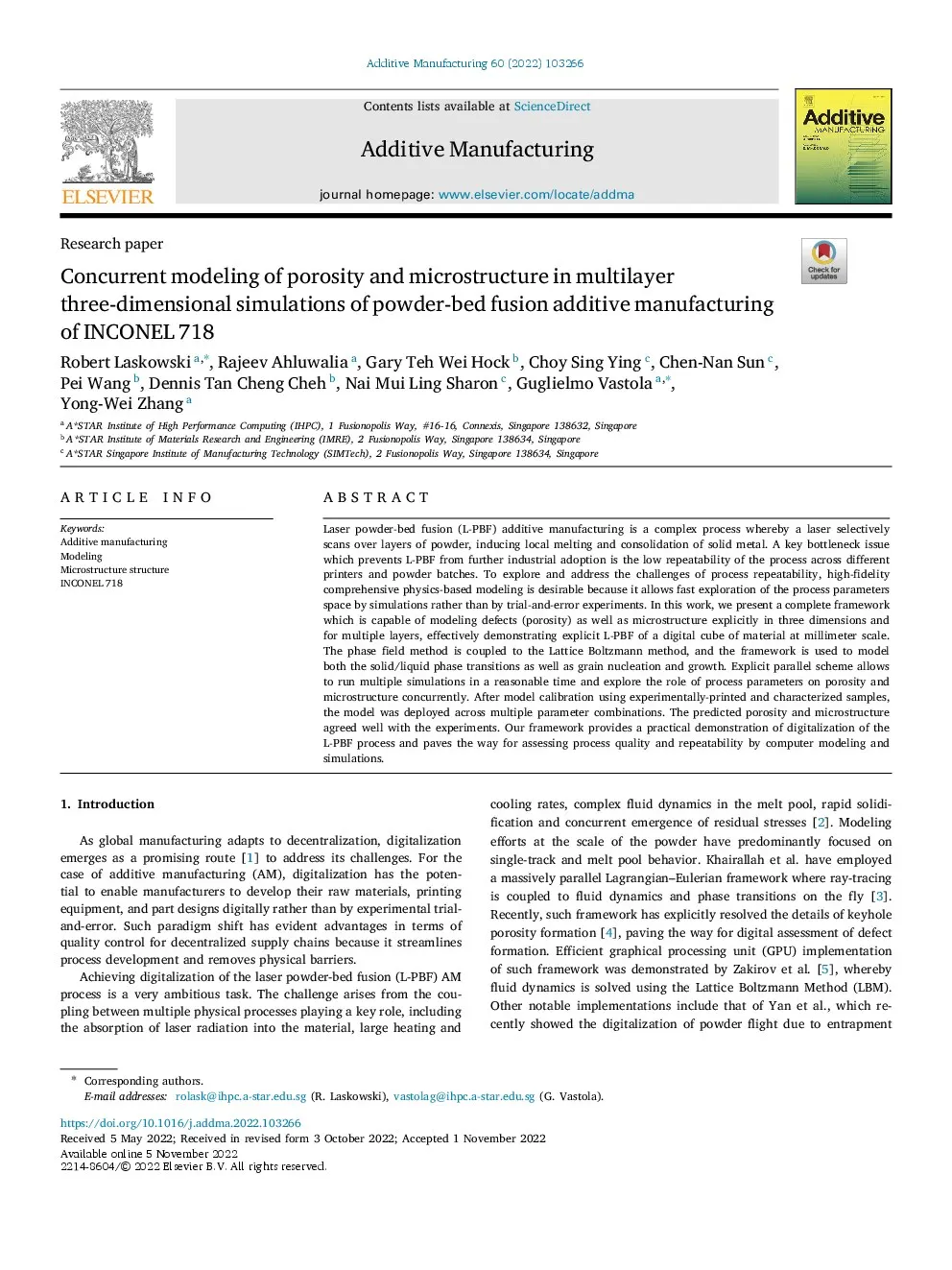 First-page preview of Concurrent modeling of porosity and microstructure in multilayer 3D simulations of INCONEL 718 powder-bed fusion