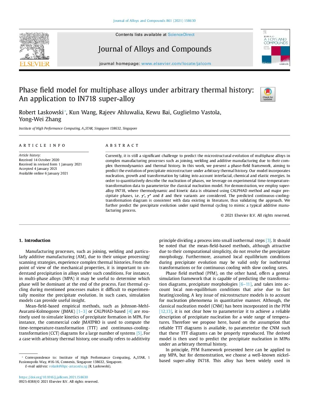 First-page preview of Phase field model for multiphase alloys under arbitrary thermal history: an application to IN718 super-alloy