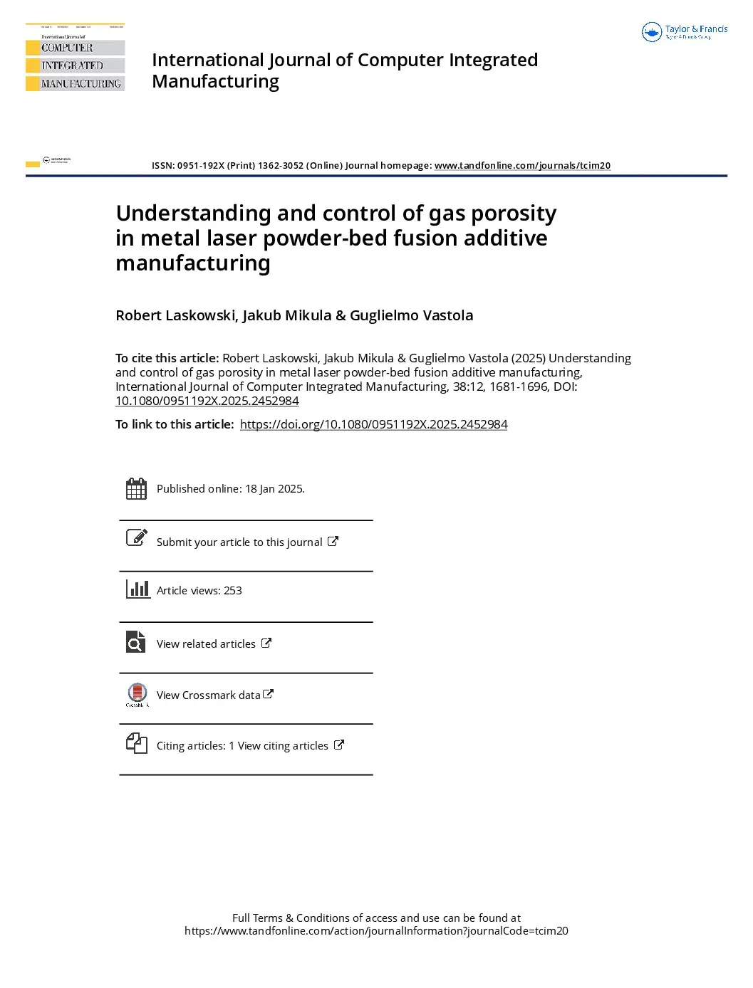 First-page preview of Understanding and control of gas porosity in metal laser powder-bed fusion additive manufacturing