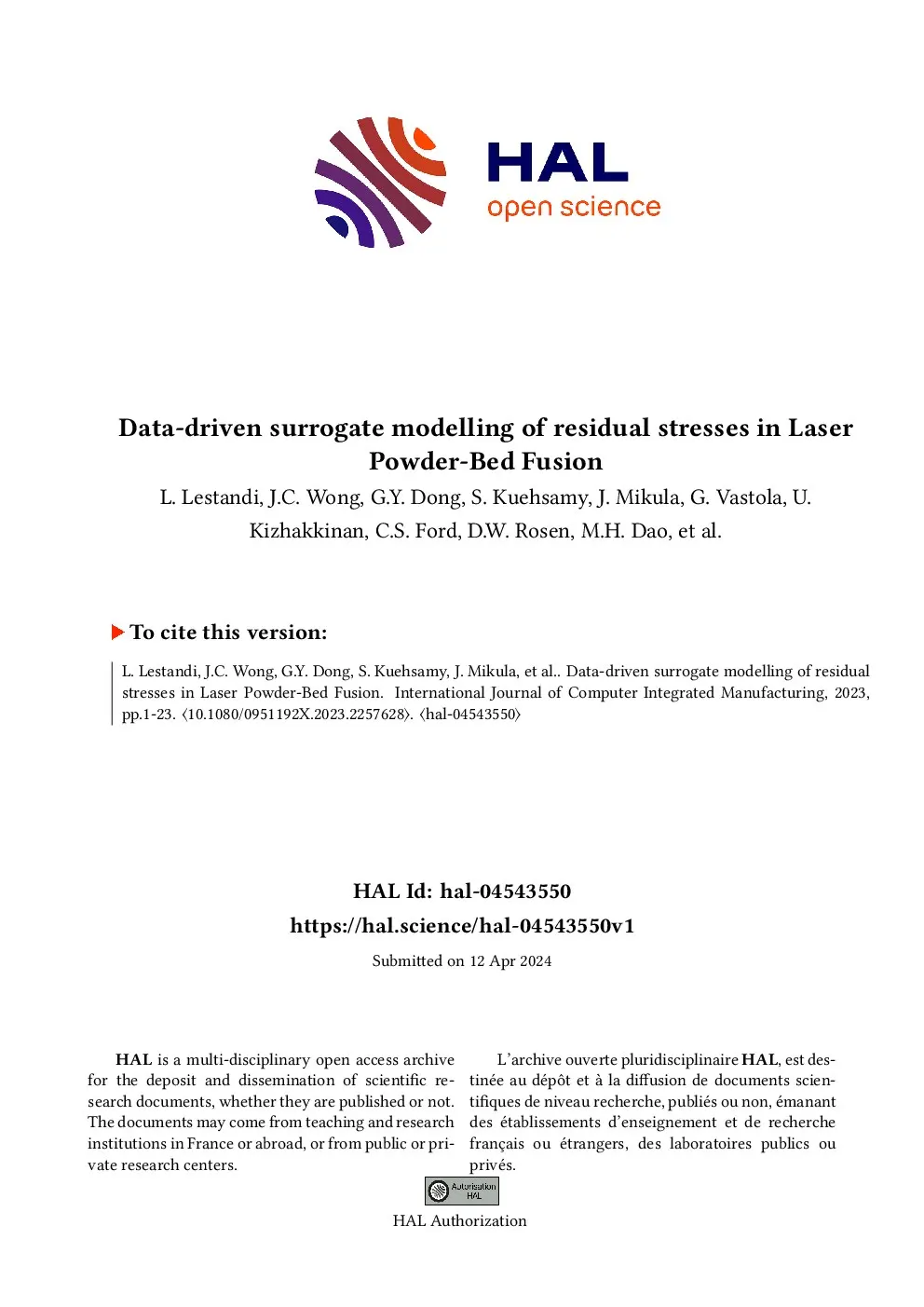 First-page preview of Data-driven surrogate modelling of residual stresses in Laser Powder-Bed Fusion