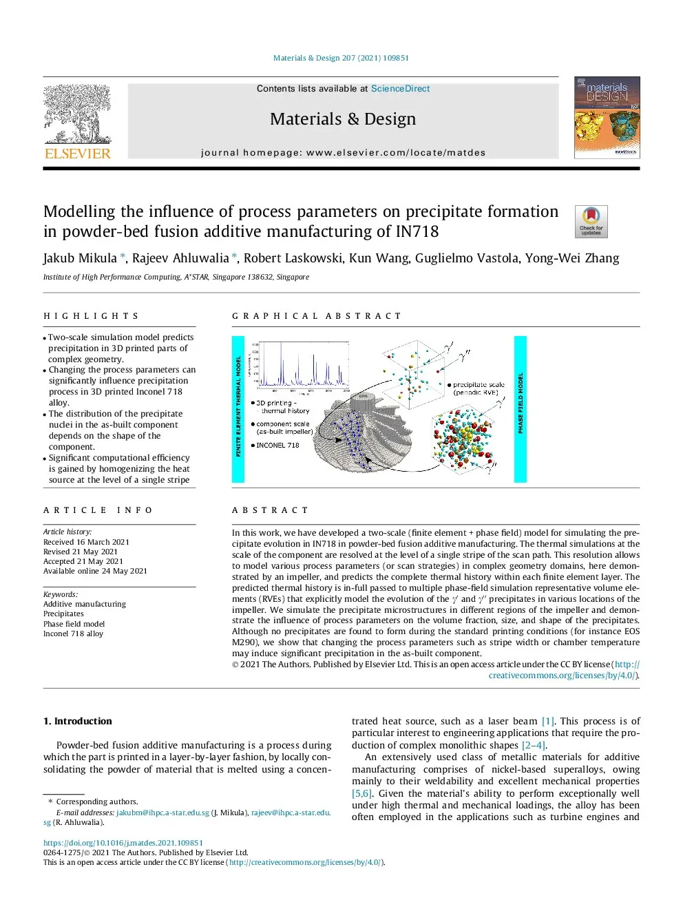 First-page preview of Modelling the influence of process parameters on precipitate formation in powder-bed fusion additive manufacturing of IN718