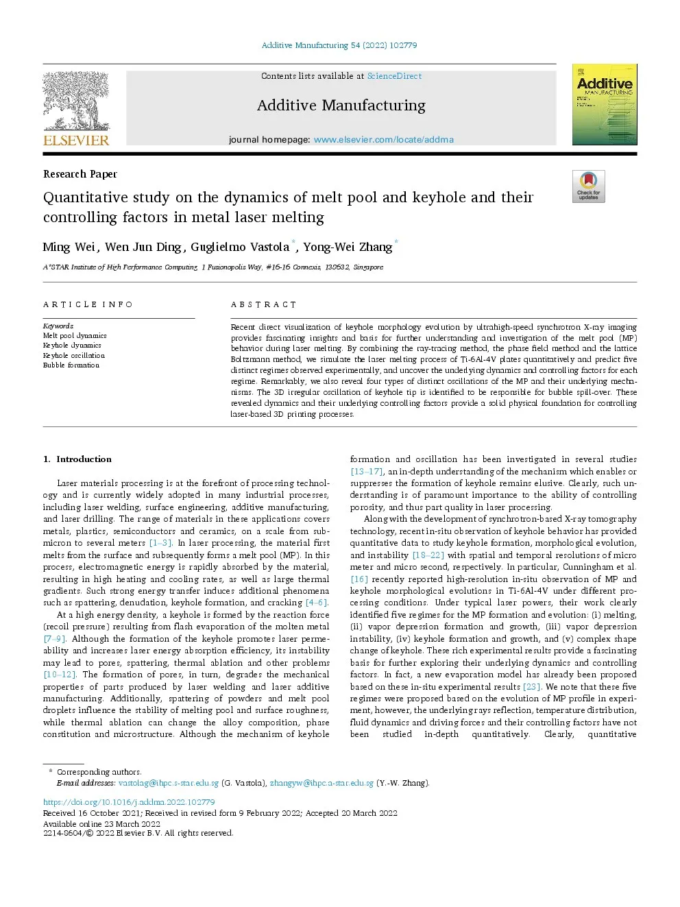 First-page preview of Quantitative study on the dynamics of melt pool and keyhole and their controlling factors in metal laser melting