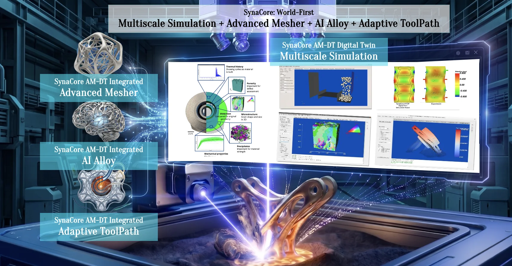 SynaCore 集成软件套件：多尺度仿真、高级网格生成器、AI Alloy 和自适应扫描路径